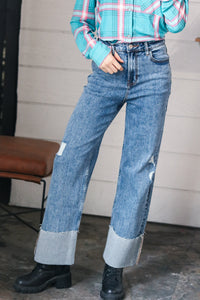 Cotton High Rise Cuffed Wide Leg Denim Jeans