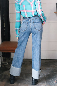 Cotton High Rise Cuffed Wide Leg Denim Jeans