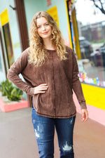 Brown Mineral Wash Baby Waffle Oversized Cut Edge Top