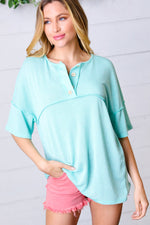 Turquoise Two Tone Knit Button Down Outseam Top