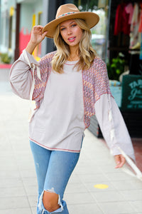 Taupe & Burgundy Chevron Raglan Lace-Up Bell Sleeve Top