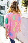 Weekend Ready Pink Multicolor Flower Print Waffle Dolman Top