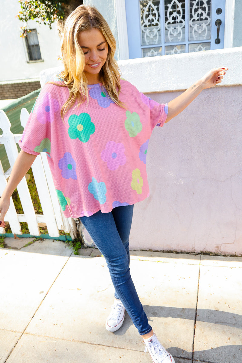 Weekend Ready Pink Multicolor Flower Print Waffle Dolman Top