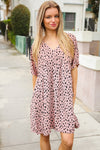 Boldly You Mauve Animal Print Dolman Cap Sleeve V Neck Dress