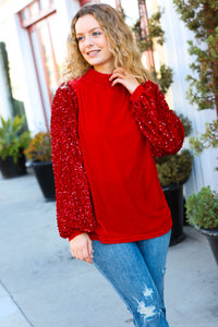 Under the Lights Red Velvet & Sequins Mock Neck Top