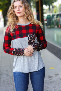 All Of Me Grey & Red Plaid Animal Print Pocketed Top