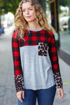 All Of Me Grey & Red Plaid Animal Print Pocketed Top