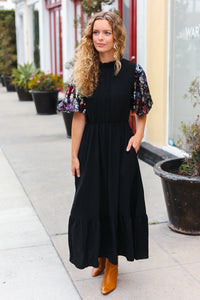 Black Floral Sequin Puff Sleeve Mock Neck Tiered Maxi Dress