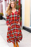 Adorable In Red Plaid Ruffle Detail Fit & Flare Midi Dress