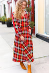 Adorable In Red Plaid Ruffle Detail Fit & Flare Midi Dress