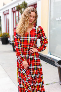 Adorable In Red Plaid Ruffle Detail Fit & Flare Midi Dress