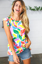 Green & Yellow Floral Leaf Flutter Sleeve Top