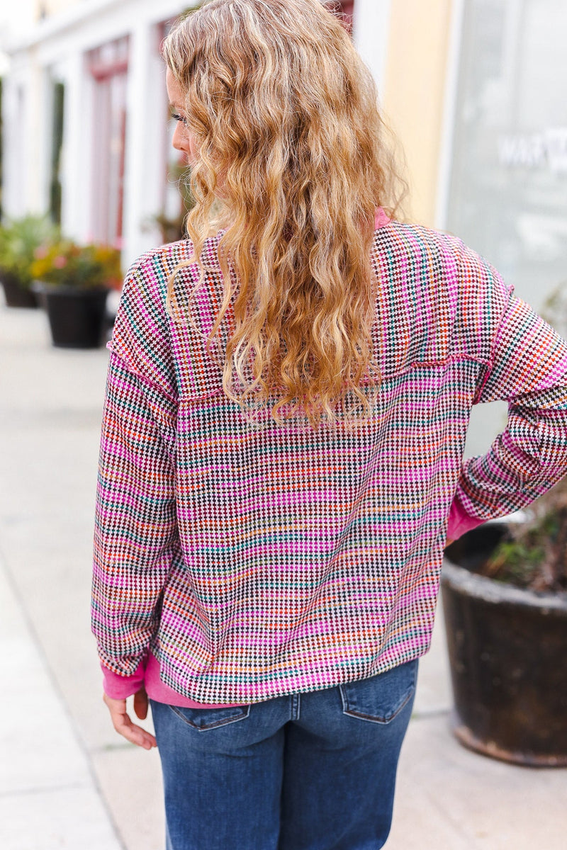 Bring Joy Magenta Multicolor Textured Waffle Knit Sweater