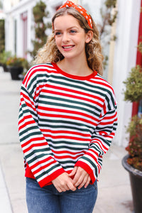 Christmas Red & Green Striped Oversized Knit Sweater