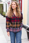 Holiday Ready Red & Mustard Plaid Notched Neck Flannel Hoodie