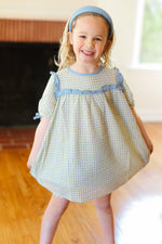 Charming Blue Gingham Elastic Tie Sleeve Dress