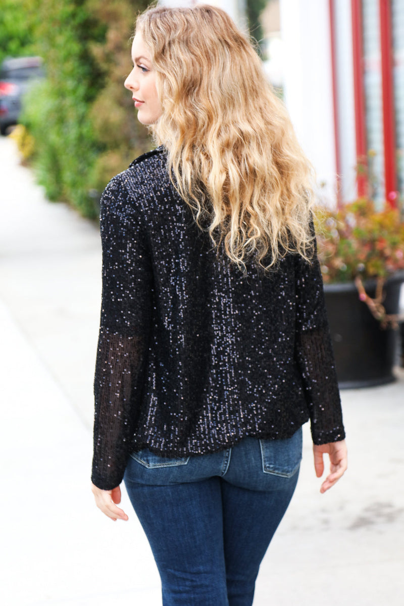 Be Your Own Star Black Sequin Open Blazer