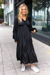 Elegant Black Elastic V Neck Tiered Satin Maxi Dress