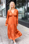 Elegant Rust Elastic V Neck Tiered Satin Maxi Dress