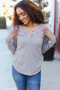 Femme Taupe Cotton Blend Rib Crochet Button Down Pullover