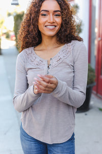 Femme Taupe Cotton Blend Rib Crochet Button Down Pullover