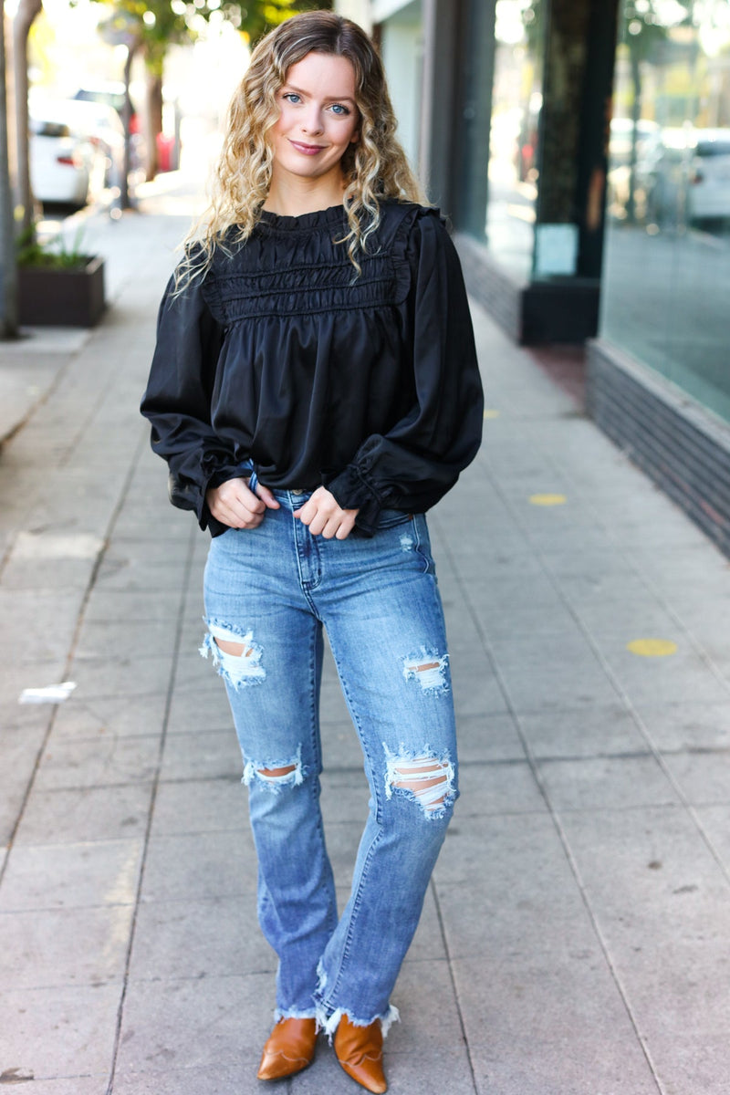 Be Your Best Black Satin Shirred Yoke Frilled Mock Neck Top