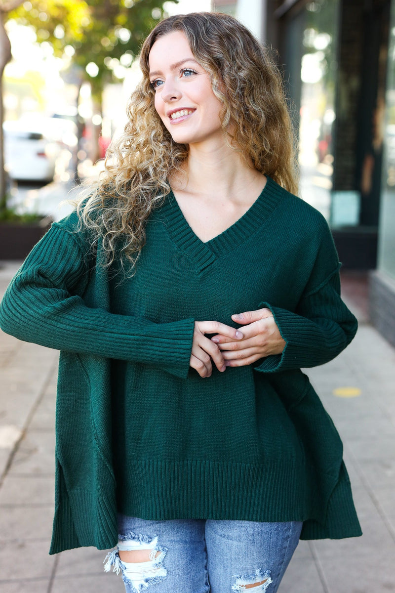 Casual Chic Hunter Green Oversized V Neck Rib Knit Sweater