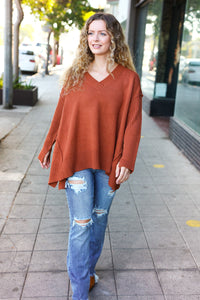 Casual Chic Rust Oversized V Neck Rib Knit Sweater