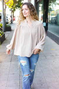 Boho Vibes Taupe Notched Neck Smocked Bubble Sleeve Top