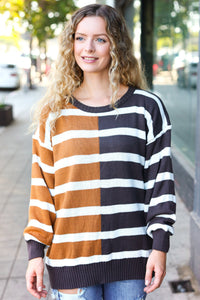 Camel & Charcoal Striped Color Block Sweater