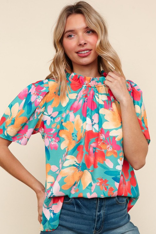 Perfectly You Mint Big Floral Frill Neck Back Button Blouse