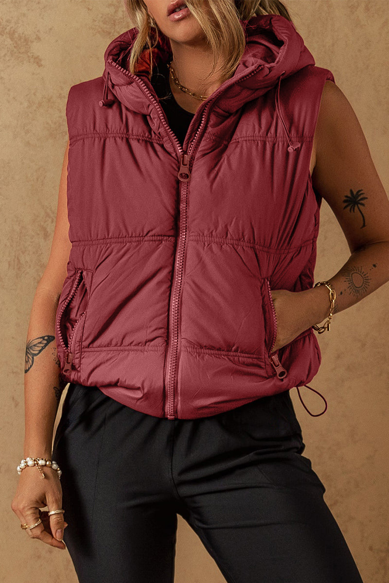 Drawstring Zip Up Hooded Vest Coat