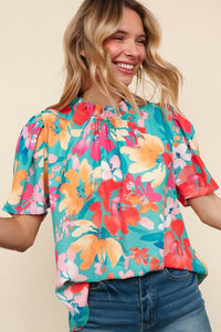 Perfectly You Mint Big Floral Frill Neck Back Button Blouse