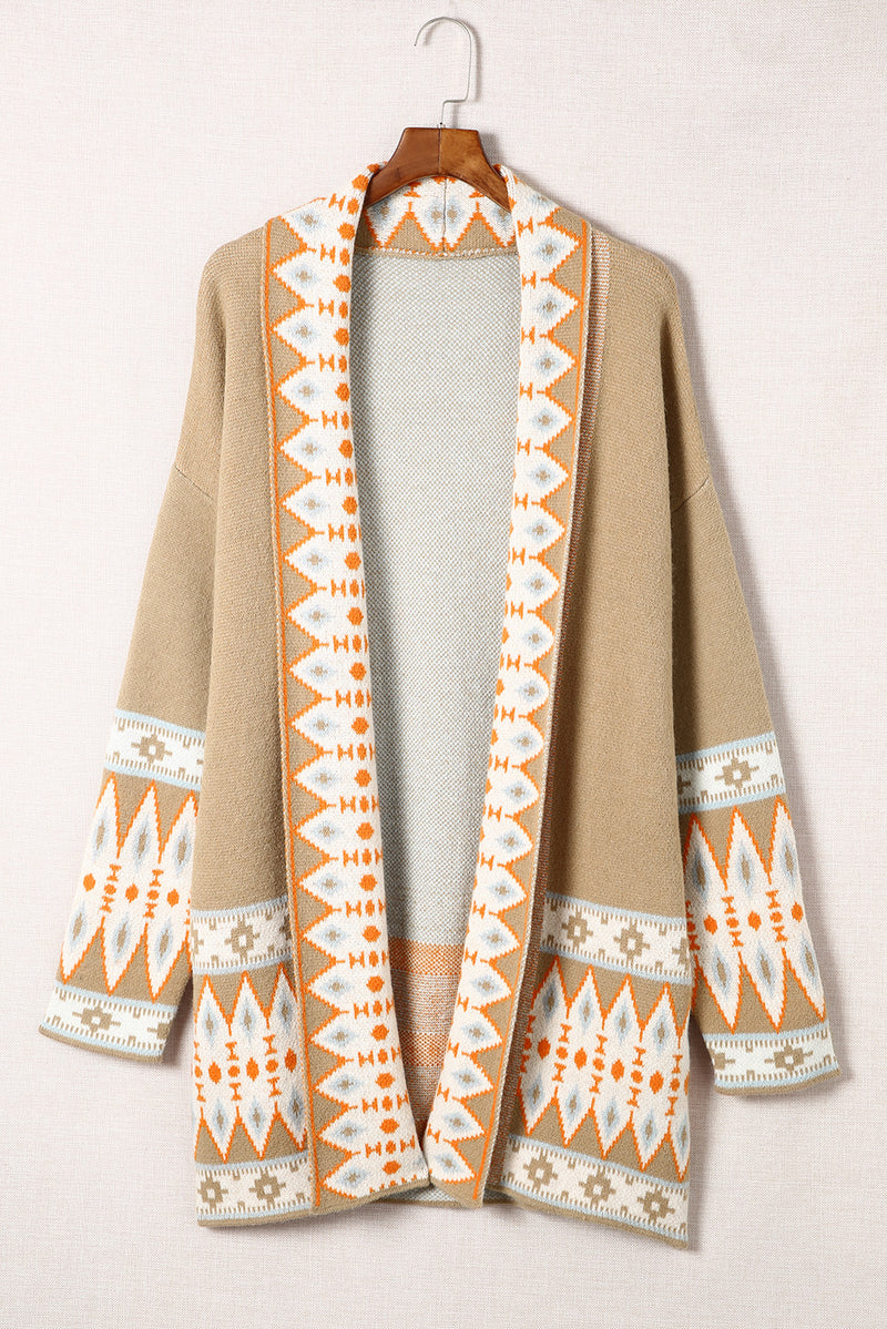 Geometric Open Front Long Sleeve Cardigan