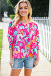 Vacay Vibes Fuchsia Smocked Sleeve Round Neck Dolman Top