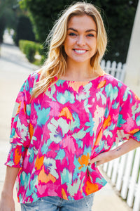 Vacay Vibes Fuchsia Smocked Sleeve Round Neck Dolman Top