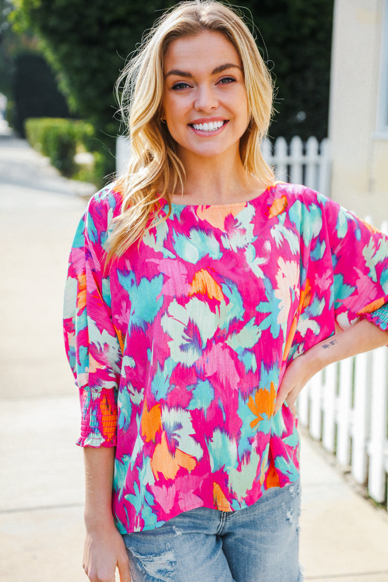 Vacay Vibes Fuchsia Smocked Sleeve Round Neck Dolman Top