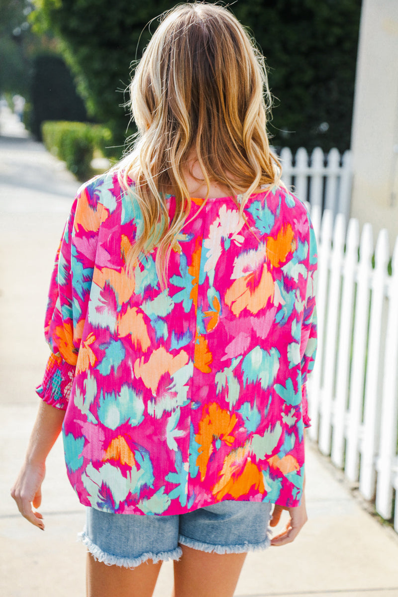 Vacay Vibes Fuchsia Smocked Sleeve Round Neck Dolman Top