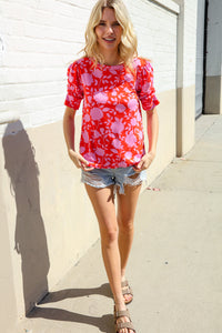 Follow Me Red & Pink Floral Shirred Short Sleeve Knit Top