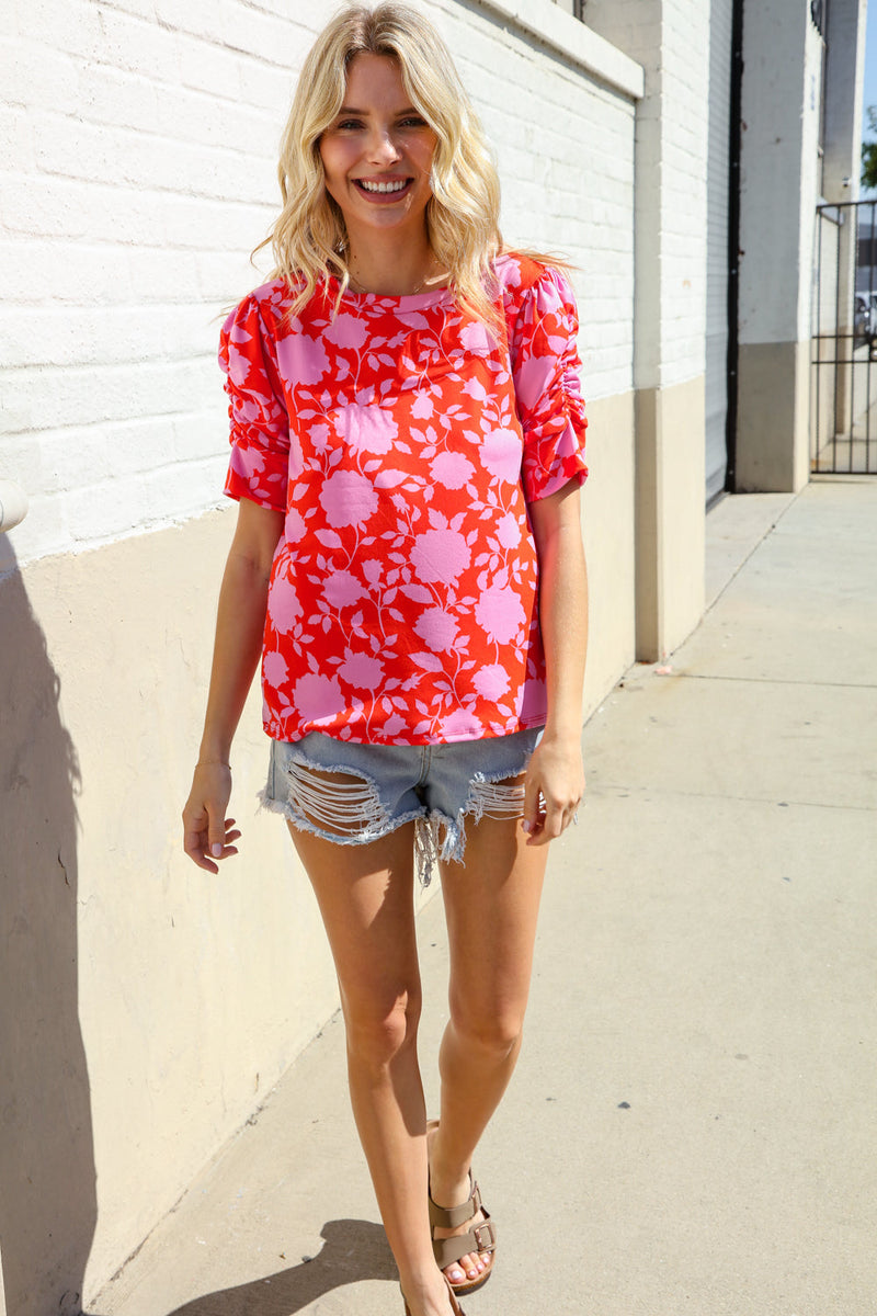 Follow Me Red & Pink Floral Shirred Short Sleeve Knit Top