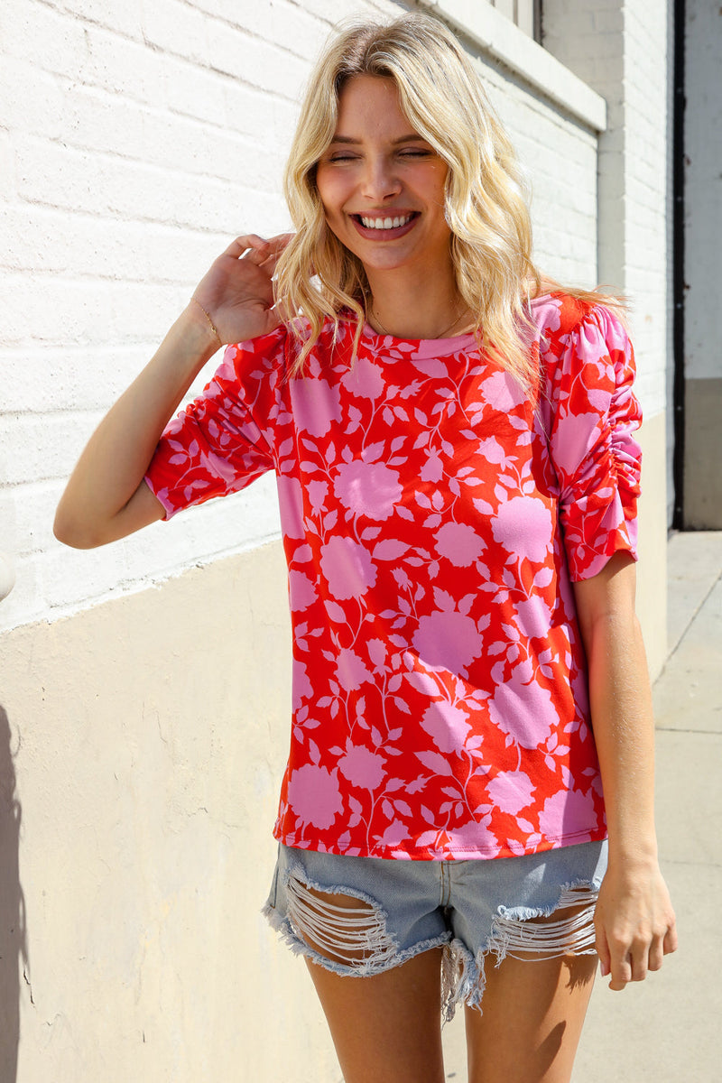 Follow Me Red & Pink Floral Shirred Short Sleeve Knit Top