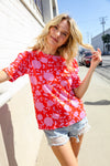 Follow Me Red & Pink Floral Shirred Short Sleeve Knit Top