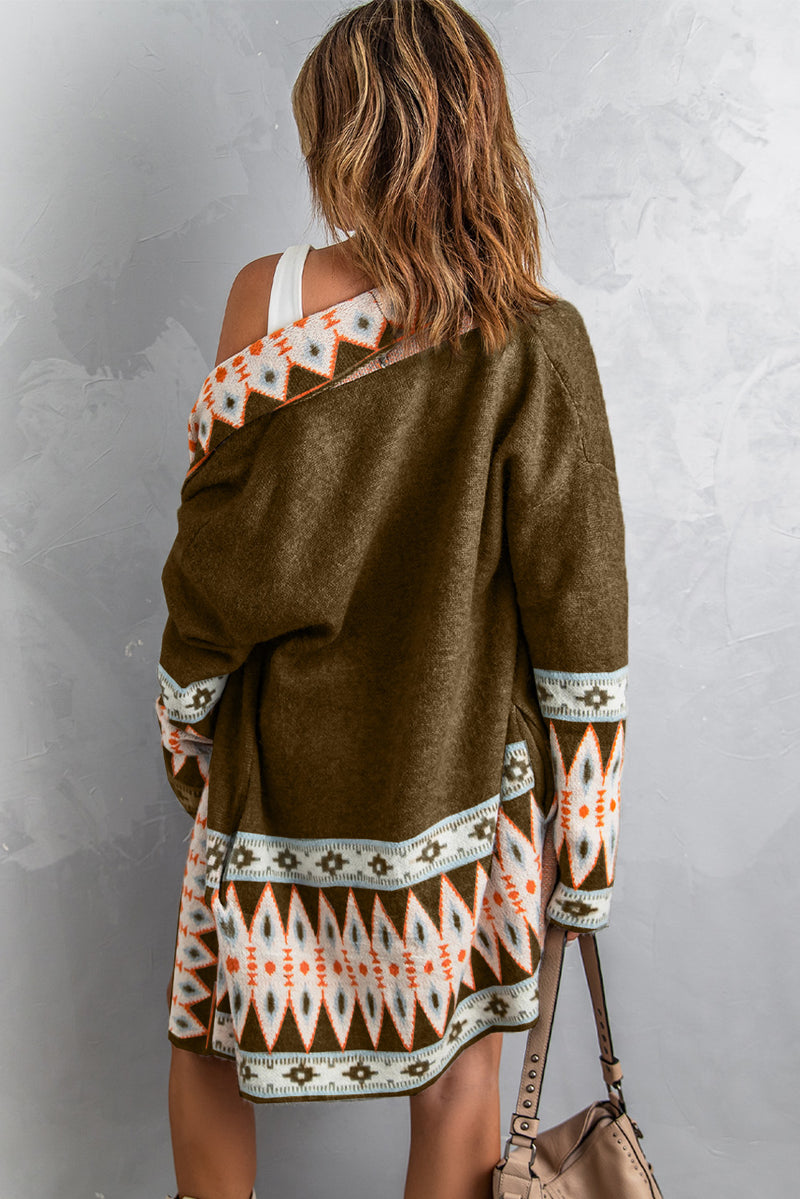 Geometric Open Front Long Sleeve Cardigan