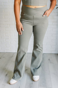 Building Habits Twill Flared Crossover Waist Pant in Dusty Olive