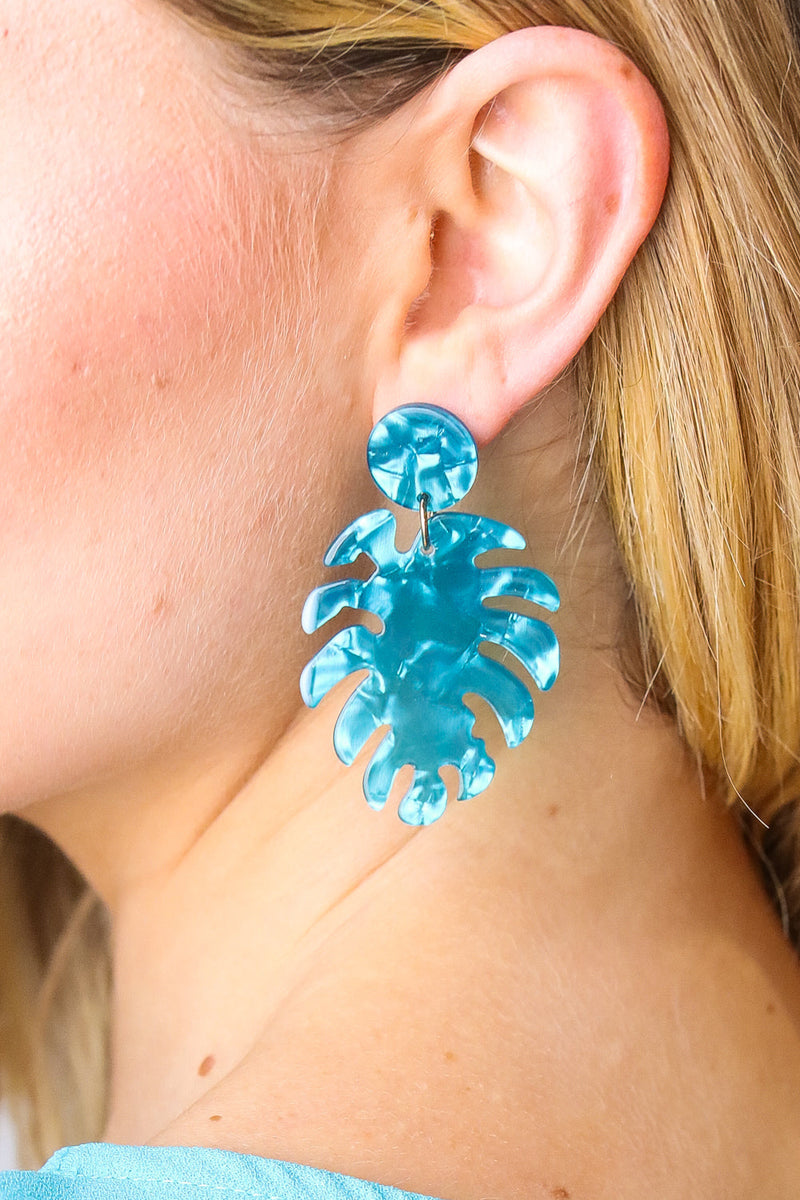 Turquoise Acrylic Monstera Leaf Earrings