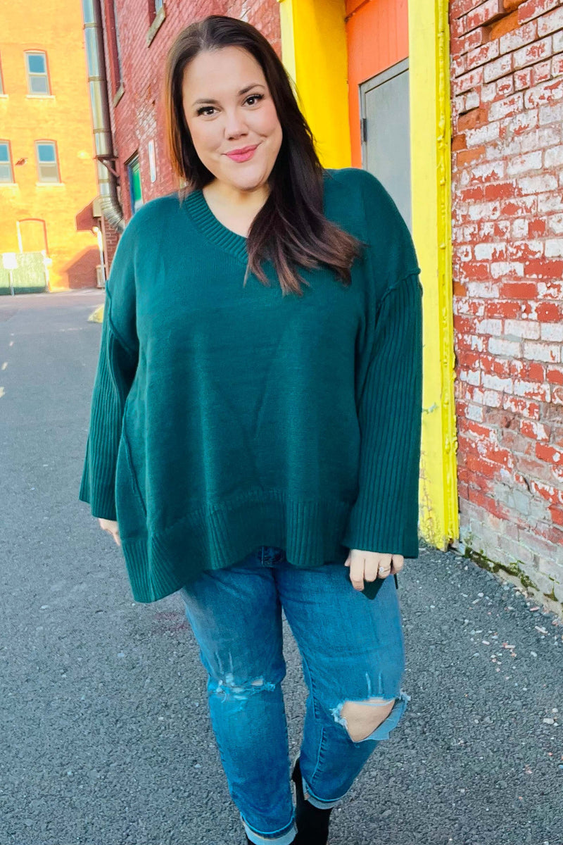 Casual Chic Hunter Green Oversized V Neck Rib Knit Sweater