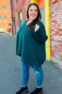 Casual Chic Hunter Green Oversized V Neck Rib Knit Sweater