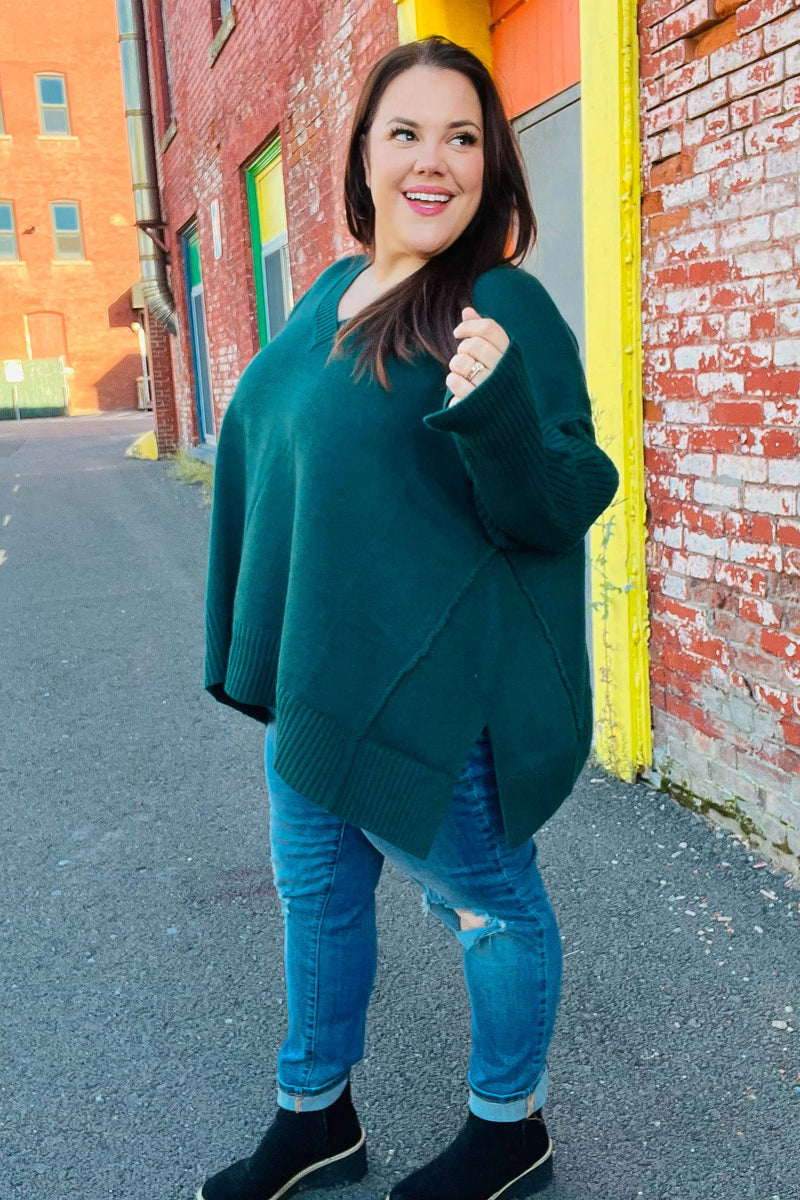 Casual Chic Hunter Green Oversized V Neck Rib Knit Sweater