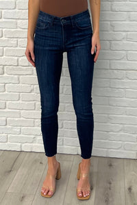 Fallon Mid Rise Adjustable Waist Raw Hem Skinny Jeans
