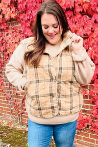 Layer Up Taupe Plaid Snap Button Quilted Puffer Vest